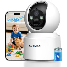 Surveillance Camera Indoor Battery, 2.5 K/4MP WiFi Indoor Camera Swivelling with Battery, 2.4/5 GHz WiFi, Colour Night Vision, Motion Detection, Two-Way Audio, for Baby/Pets/Home