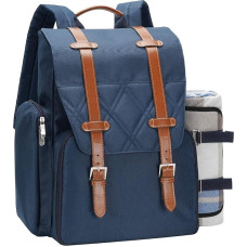 4 asmenų pikniko kuprinė su dideliu izoliuotu aušintuvu, pikniko krepšelio komplektas su vyno krepšeliu, vandeniui atsparia pikniko antklode ir stalo įrankių rinkiniu, puikiai tinka stovyklavimui, vestuvių dovana poroms, mėlyna