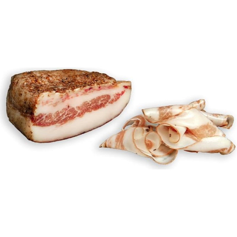 Guanciale Tradicinis ore džiovintas šoninė su pipirais, puikiai tinka užkandžiams arba maistui gaminti. Puikiai tinka Carbonara, užkandžiams ir maisto gaminimui. Švelnus rankų darbo brandintas šoninės skonis. 300g