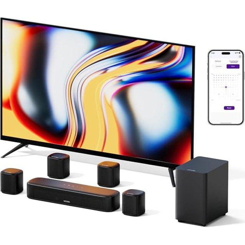 ULTIMEA 7.1 colių garso juosta TV įrenginiams, erdvinio garso sistema namų kinui su programėlių valdymu, 4 erdviniai garsiakalbiai, 4 colių žemų dažnių garsiakalbis, garso juosta su reguliuojamu ekvalaizeriu, 