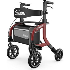 Sulankstomas aliumininis roleris su sėdyne: senjorams skirtas roleris Lengvai sulankstomas reguliuojamo aukščio kelioninis roleris su lazdos laikikliu ir nuimamu pirkinių krepšiu (raudonas)