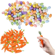 Mini velykinių kiaušinių rinkinys - 100 vnt. polistireninių kiaušinių (2,5 cm x 1,8 cm) ir 40 mini morkų (5,5 cm + 7 cm lapai) - idealiai tinka pavasario vainikams, velykinėms dekoracijoms, amatų projektams ir šventėms