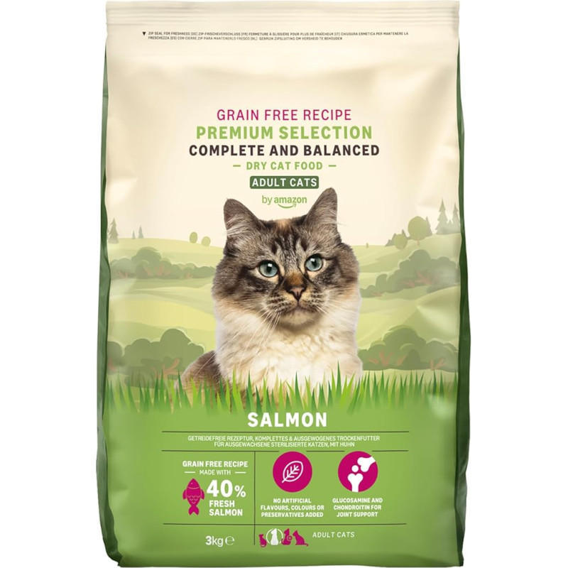 by Amazon Cat Food for Adult Cats, Fine Prepared Dry Food with Fresh Salmon, Grain-Free Formula, 3 kg (1 pakuotė) (anksčiau buvo Lifelong prekės ženklas, tas pats produktas)