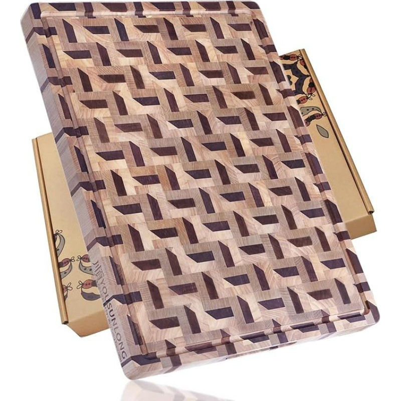 YOUSUNLONG Galinė medinė pjaustymo lenta - 3D zigzago formos graikinių riešutų ir klevų mėsos lenta XXL - 61L x 46W x 3,8H cm storio su sulčių grioveliu ir rankenomis - grilio lenta, viryklės lenta, sūrio lenta