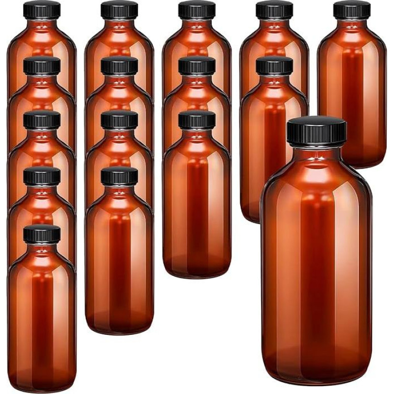 Rudo stiklo buteliai su dangteliais 8oz daugkartinio naudojimo apvalus Bostono stiklo butelis, rudas butelis eteriniams aliejams, vanilės ekstraktui, eliksyrui, sultims, imbiero šūviams, viskiui, skysčiams (8oz)