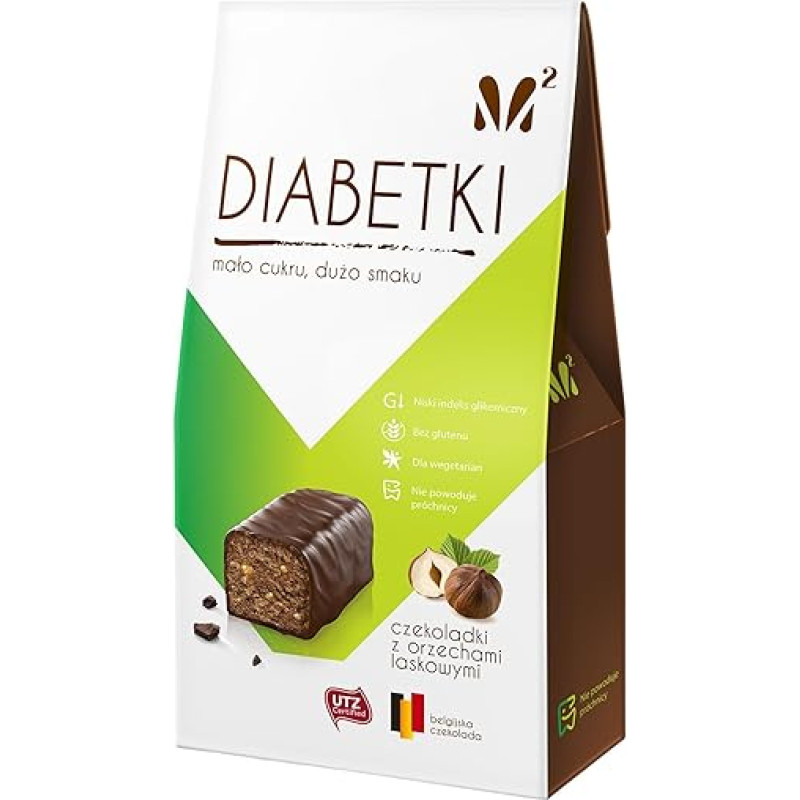 M2 Diabetki Šokoladiniai saldainiai su lazdyno riešutais, šokoladas be cukraus, skanūs saldumynai sąmoningiems vartotojams ir diabetikams, vegetariški užkandžiai be glitimo 100 g
