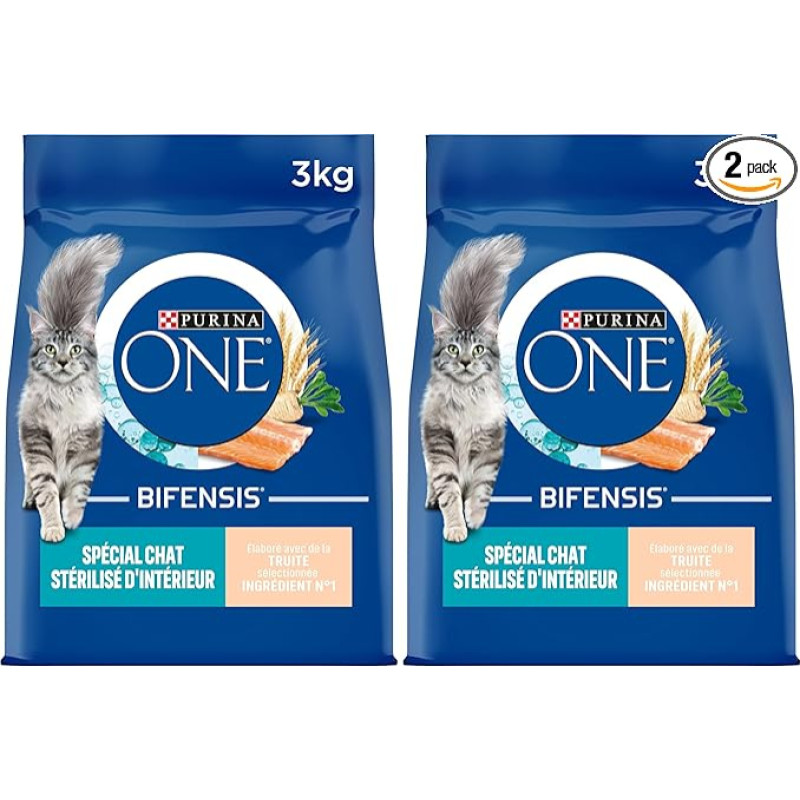 PURINA ONE Bifensis | Specialiai sterilizuotoms katėms, laikomoms namuose | Sausas maistas | Padeda kontroliuoti svorį, palaiko sveiką šlapimo sistemą, šalina skrandžio plaukelius | Upėtakis | Maišelis 1 x 3 kg