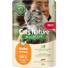MERA Cats Nature Sensitive Chicken Cat Food Wet 12 x 85 g Vienbaltyminis, be cukraus ir grūdų drėgnas ėdalas katėms Daug mėsos ir lengvai virškinamas