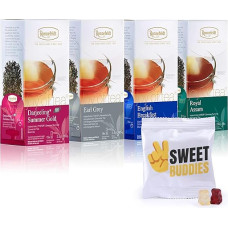 Ronnefeldt Black Tea Set of 4 Mix Tea Boxes - Organic Darjeeling, Earl Grey, English Breakfast Tea & Assam - 60 Tea Bags Tasting Set for + Sweet Buddies Fruit Gums (10 g) - Elegant Tea with Delicious