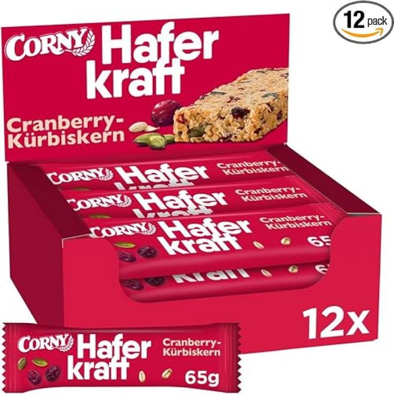 Avižų batonėlis | Corny | Oat Power Cranberry Pumpkin Seed | Viso grūdo ir veganiškas | Biri pakuotė 12 x 65 g