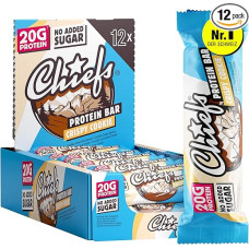 CHIEFS High Protein Bar - Crispy Crispy Cookie Flavour - dėžutė su 12 vienetų - 20 g baltymų - puikūs užkandžiai be pridėtinio cukraus - mažai cukraus - 55 g baltymų batonėlis be palmių aliejaus