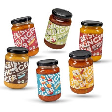 REISHUNGER Ekologiškų, paruoštų naudoti padažų rinkinys iš 6 dalių (4 x 325 ml, 2 x 320 ml) - 6 skanių rūšių: Žemės riešutų, Chana Dal, saldžiarūgštis, kokosų karis, Ratatouille ir daržovių Bolonijos - paruošti padažai idealiai tinka