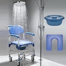bimiti Bedside Commode with Wheelchair, Shower Chair for Elderly, Toilet Seat with Moving Potty and Footrests, 150kg, Waterproof, Rolling Commode for Seniors,