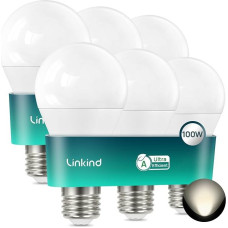 Linkind 7,2 W LED E27 100 W, A klasės lemputė A60, 7,2 W, pakeičia 100 W, 1521 lm ypač ryški, 4000 K neutralios baltos spalvos, 50 000 valandų apšvietimo trukmė, energiją taupanti E27 lemputė, matinė, 6 vnt.