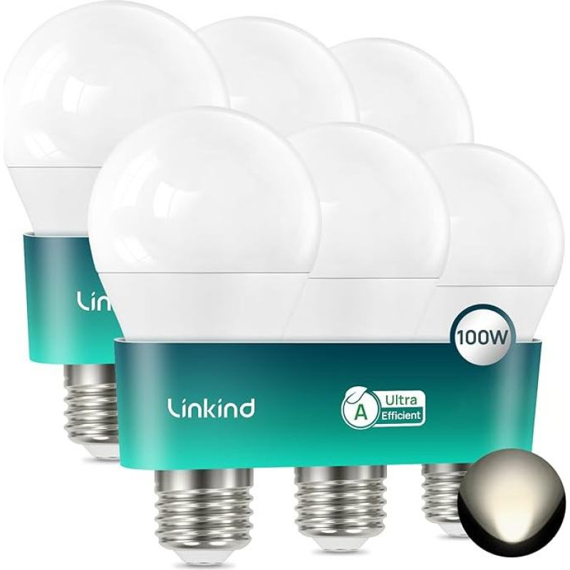 Linkind 7,2 W LED E27 100 W, A klasės lemputė A60, 7,2 W, pakeičia 100 W, 1521 lm ypač ryški, 4000 K neutralios baltos spalvos, 50 000 valandų apšvietimo trukmė, energiją taupanti E27 lemputė, matinė, 6 vnt.