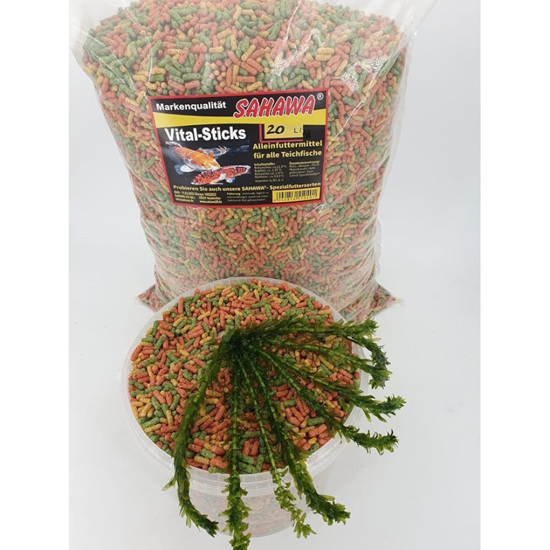 Premium Fish Food Tvenkinio lazdelės 3 krypčių mišinys 20 L = 2,3 kg + 1x Egeria Densa Vandens kenkėjas Apie 20 cm tvenkinio augalas