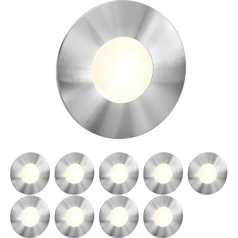 ledscom.de LED laiptų apšvietimas, FEX laiptų apšvietimas, skirtas naudoti patalpose ir lauke, apvalus, nerūdijantis plienas, 85 mm skersmens, šiltai baltas, 10 vnt.