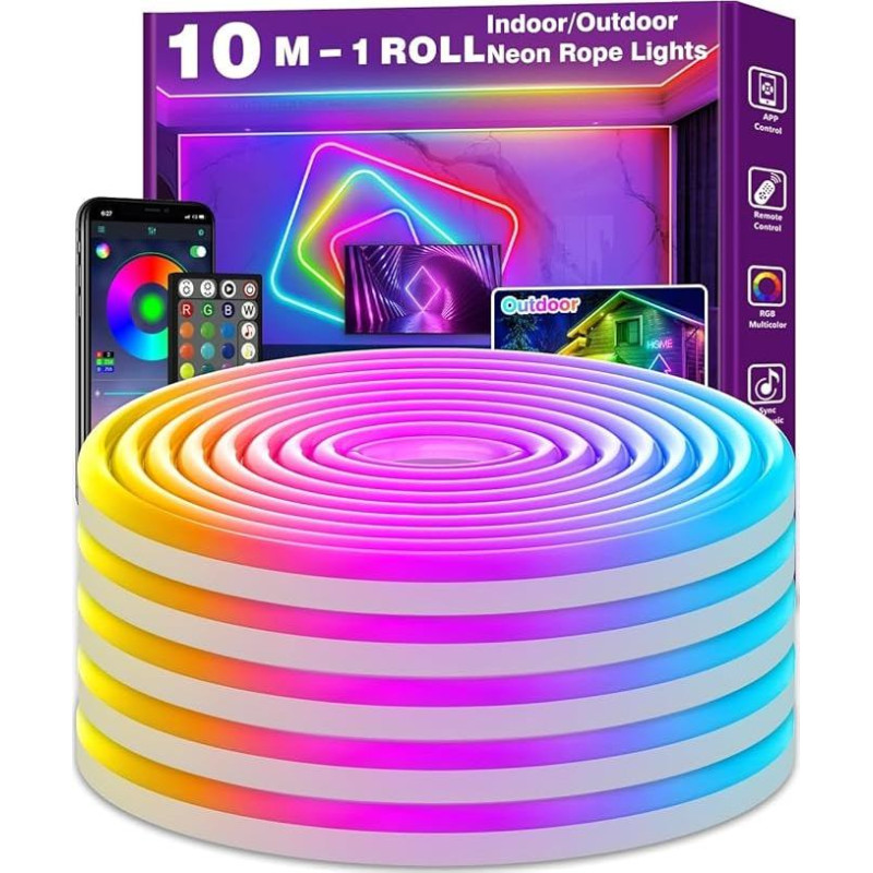 10 m neoninė LED juosta, lanksčios juostelės, valdymas programėle / nuotolinio valdymo pulteliu, keli režimai, IP65 lauko RGB žibintai, atsparūs vandeniui, muzikos sinchronizavimo žaidimų LED juostelės, skirtos miegamajam, patalpoms, lauke
