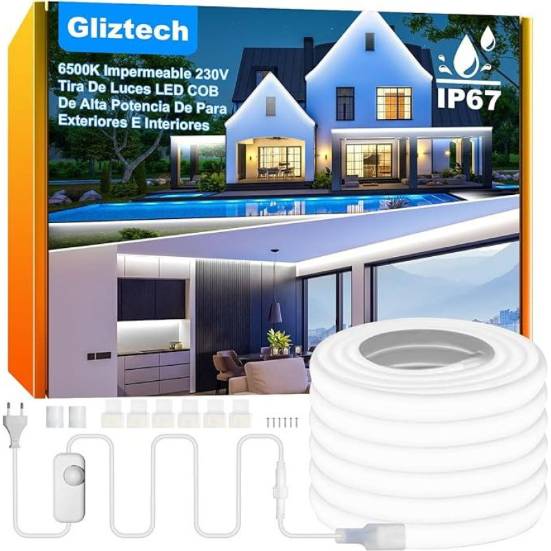 IP67 vandeniui atspari COB LED juosta AC 230 V tiesioginis kištukas, 20 m itin ryškios LED juostelės su dvigubu saugikliu, 6500 K LED juosta balta, skirta sodui, komerciniams objektams