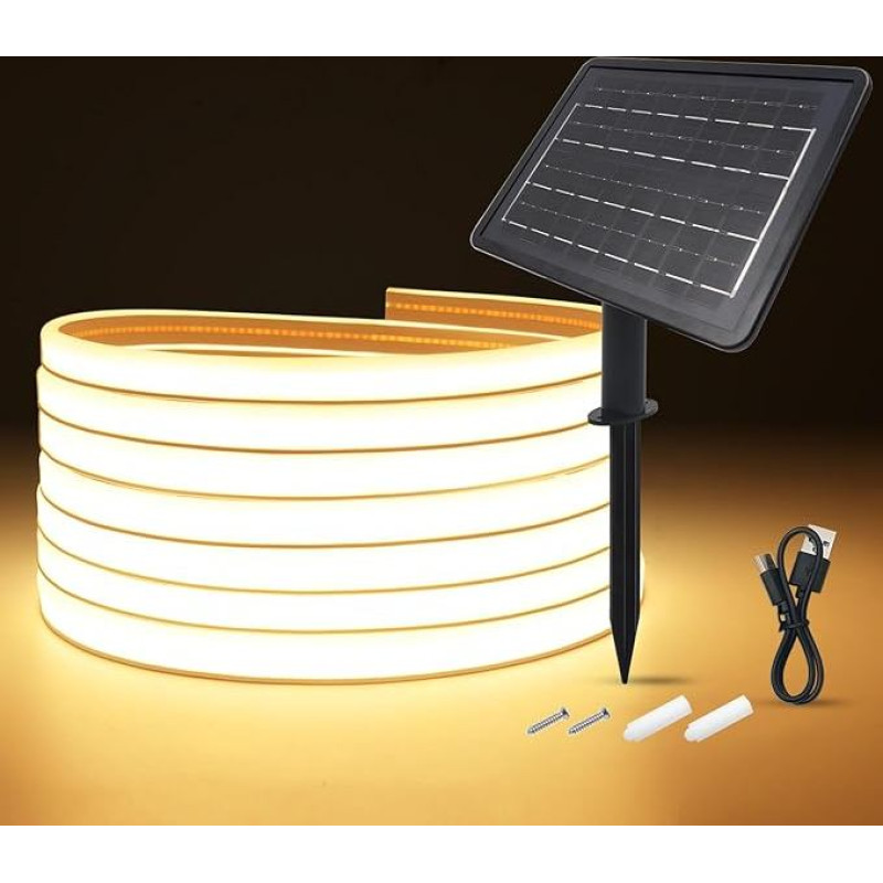 KISUFU 24 V COB saulės šviesos diodų juosta, IP65 vandeniui atspari 320 šviesos diodų/m dvipusė saulės šviesos diodų juosta su 7200 mAh 8 režimų saulės kolektoriumi sodui, kiemui, gimtadieniui, vestuvėms, lauko dekoracijoms