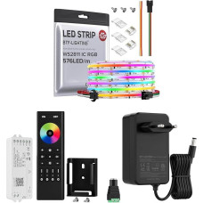 BTF-LIGHTING COB RGB WS2811 IC adresuojamas LED juosta DC24V 5M 576LEDs/M 10mm persekiojimo spalvos LED juosta, 2.4G WiFi SPI RGB LED valdymo DR03W ir RF nuotolinio valdymo RC03RFB rinkinys, 24V3A maitinimo šaltinis