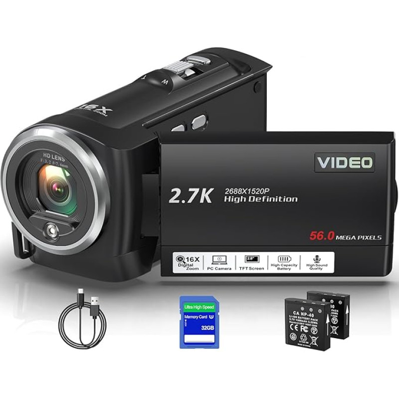 2,7K 56MP vaizdo kamera 16X skaitmeninis priartinimas Vlogging kamera su LED užpildymo šviesa 
