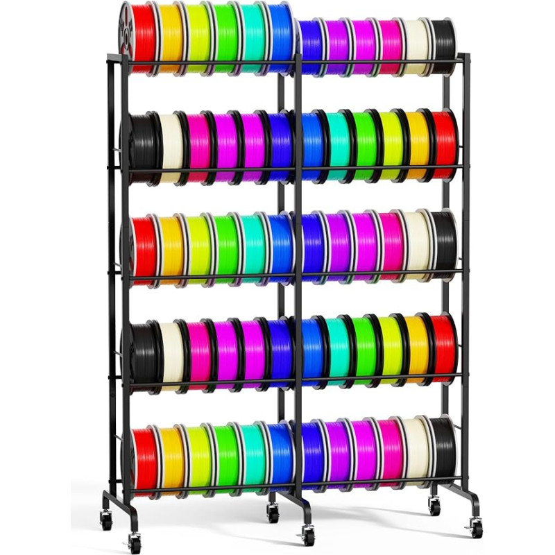 4 pakopų 3D spausdintuvo gijų laikymo stovas, didelės galios metalinė gijų lentyna su ratukais ir reguliuojamomis kojelių pagalvėlėmis bei organizuota ritės laikymo vieta 3D spausdintuvo priedams, talpinanti iki 50 vnt.