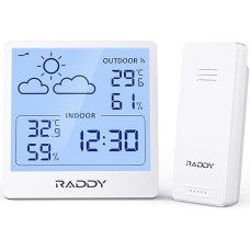 Raddy WF-50 Weather Station Wireless Indoor and Outdoor Use, Battery-Operated Temperature and Humidity Meter with 5.0 Inch TN Display, Weather Forecast, Wireless Remote Sensor (White)