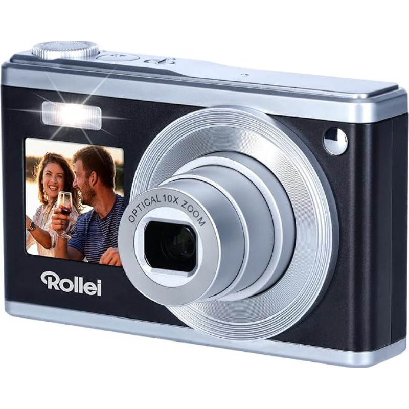 Rollei Compactline 10X skaitmeninis fotoaparatas, 20MP FHD kompaktiškas fotoaparatas, 10X optinis priartinimas ir asmenukių ekranas Nešiojamasis fotoaparatas, skirtas filmuoti kelionėse Juodas sidabrinis skaitmeninis fotoaparatas Kompaktiškas fotoaparatas