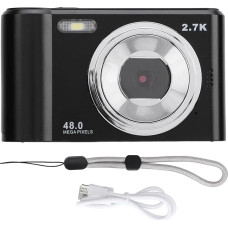 Skaitmeninis fotoaparatas, 2,7 K, 48 MP, 8x priartinimas, skaitmeninis vaizdo fotoaparatas su 2,4 colių HD IPS ekranu, integruota blykstė, kompaktiškas mažas fotoaparatas vaikams ir studentams (juodas)