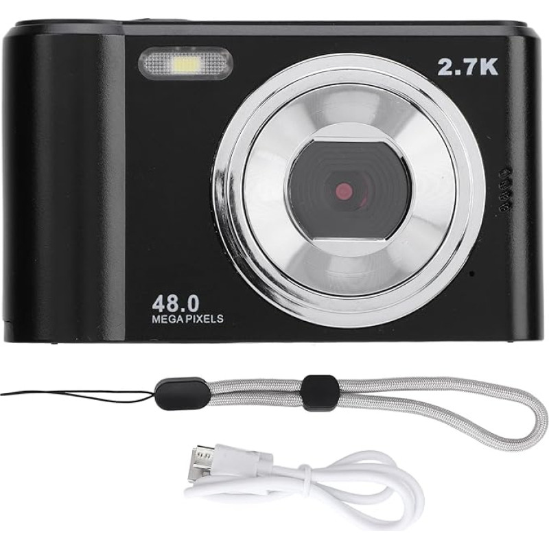 Skaitmeninis fotoaparatas, 2,7 K, 48 MP, 8x priartinimas, skaitmeninis vaizdo fotoaparatas su 2,4 colių HD IPS ekranu, integruota blykstė, kompaktiškas mažas fotoaparatas vaikams ir studentams (juodas)