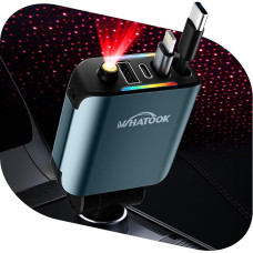 WHATOOK Cigarečių žiebtuvėlio automobilinis įkroviklis: 2025 itin kompaktiškas: 66 W USB C mobiliojo telefono greitasis automobilinis įkroviklis su žvaigždėto dangaus šviesos diodu, ištraukiamas įkrovimo laidas iPhone / Samsung Galaxy / Google Pixel / pla