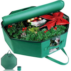 Storage bag for Christmas wreaths, garlands, Christmas decorations, large storage box with inner pockets, double zip, carrying handles, viewing window, 60 cm, green