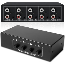 Garso perjungiklis 4 į 1 išėjimą, dvikryptis garso jungiklis 3,5 mm AUX + RCA L/R, garso jungiklis, garso pasirinkimo dėžutė ausinėms, garsiakalbiams, kolonėlėms, fonogramoms, garso sistemai, garso skirstytuvas 4 įėjimai 1 išėjimas