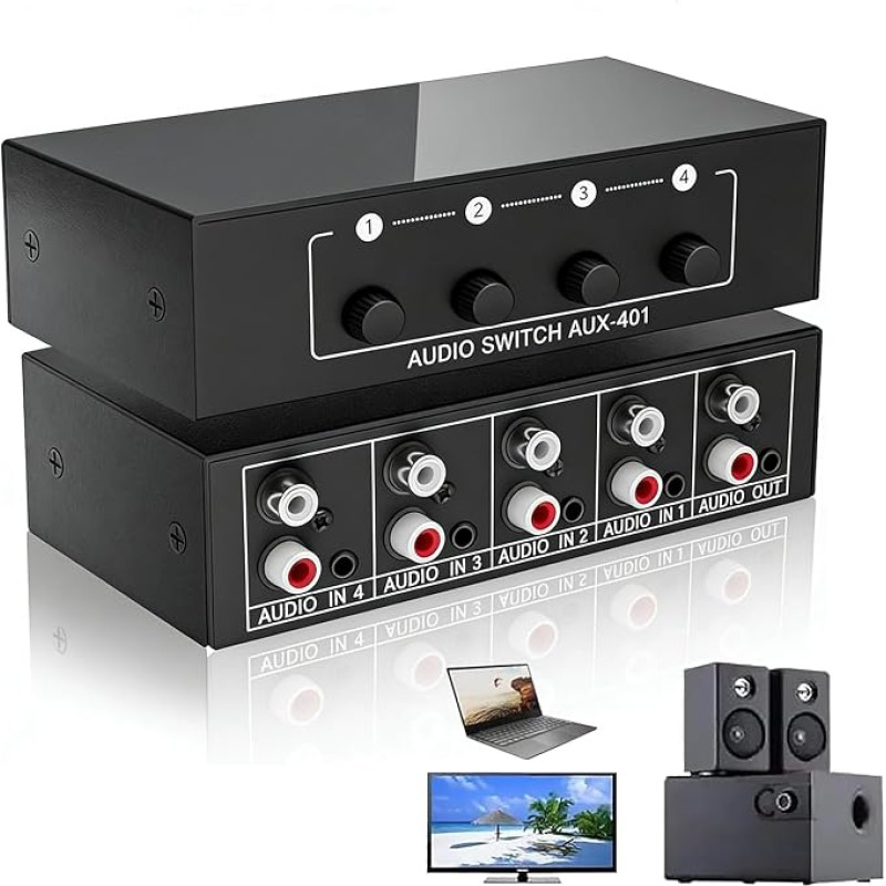 Garso vaizdo dalytuvas 4 in 1 Out, garso jungiklis 3,5 mm Aux + RCA L/R, AUX garso jungiklis, dvikryptis garso jungiklis, pasyvusis garso jungiklis, vaizdo garso dalytuvas ausinėms, Phono, garsiakalbiams