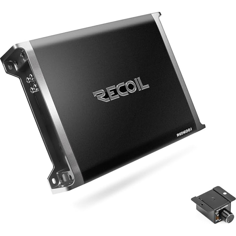 RECOIL RED600-1 1 kanalo automobilinis stiprintuvas (monoblokas) žemų dažnių garsiakalbiui - 1320 vatų D klasės, 1 omų stabilus - su žemų dažnių nuotolinio valdymo pulteliu