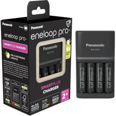 Panasonic eneloop SmartPlus Ladegerät für 1-4 AA/AAA NI-MH-Akkus, mit 4 LED-Anzeigen und 10 Sicherheitsfunktionen, inkl. AA/Mignon-Akkus, min. 2500 mAh, schwarz, K-KJ55HCD40E