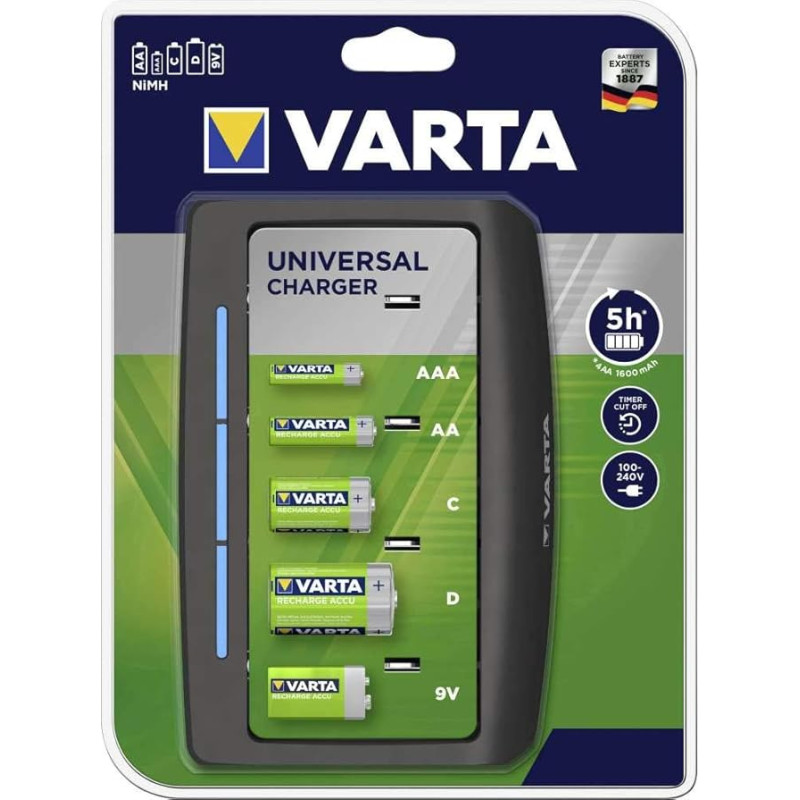 VARTA Akumuliatorių įkroviklis, akumuliatorių įkroviklis, vienu metu įkrauna 2 arba 4 AA, AAA, C, D arba 1 x 9 V akumuliatorius, universalus įkroviklis, be įrangos