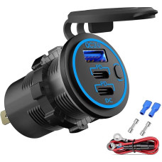 12 V USB Socket Wire USB Charger Multi Port, Dual PD3.0 USB-C and QC3.0 Car Connection Socket with Power Switch, Quick Charger for iPhone, iPad, Android Phones, Suitable for Car, Boat, Marine