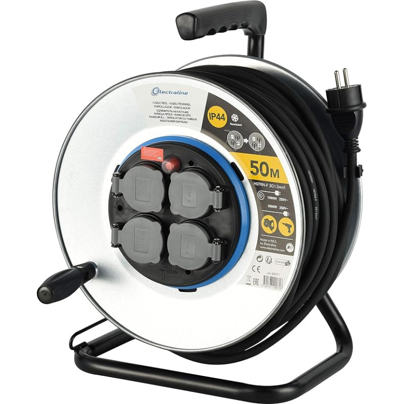 Electraline Pro-Line 49071 Metalinė kabelių ritė Professional ir fiksuota plokštė, guminis kabelis H07 RN-F 3G1.5 50 m kabelis IP44 Lauko / Kabelių ritė su 4 