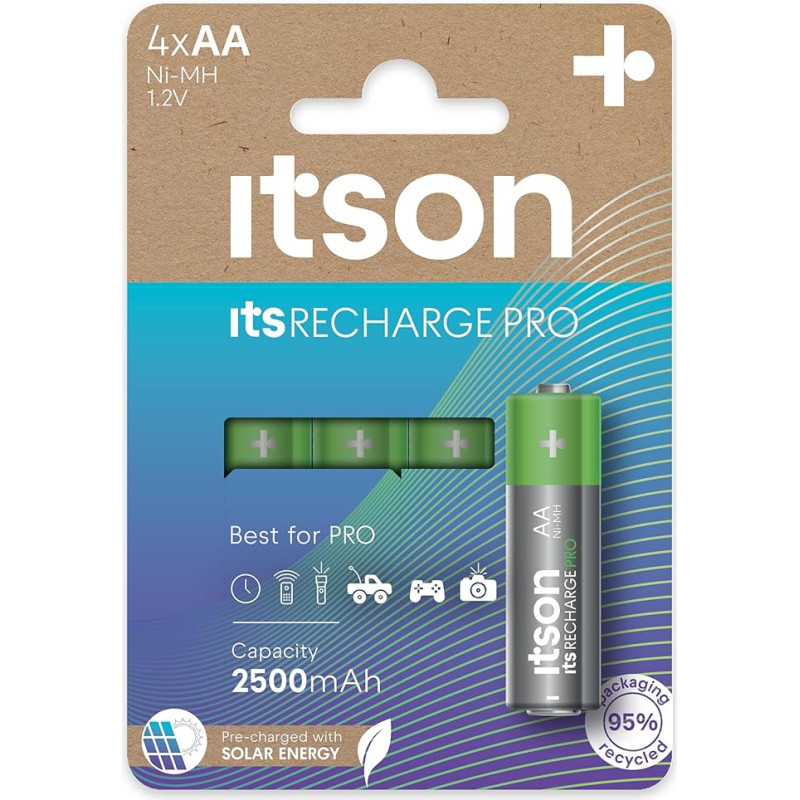 ITSON, AA Pro baterijos, 4 vnt., galingos įkraunamos baterijos, ne mažesnė kaip 2500 mAh talpa, pakuotė: 95 % perdirbta pakuotė, pagaminta Japonijoje, geriausiai tinka žaidimų valdikliams, vaikų žaislams