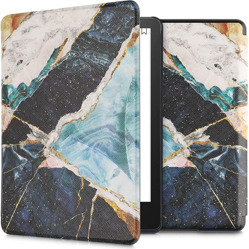 kwmobile Flip Case Compatible with Amazon Kindle Paperwhite (11th Gen - 2021) - Dėklas elektroninei skaityklei - Marmurinis, auksinis, baltas, mėlynas