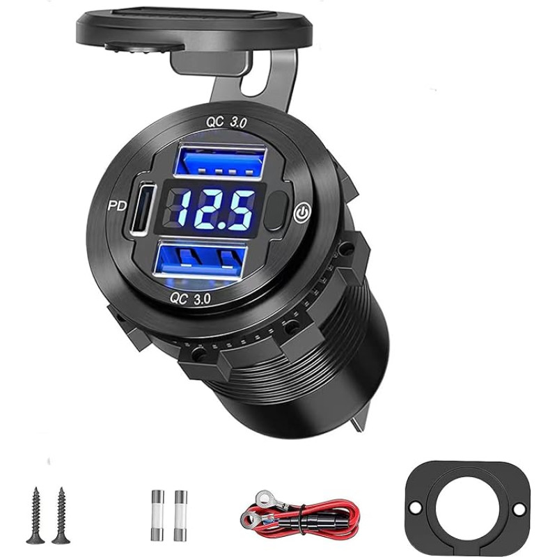 72 W USB lizdas 12 V 5 in 1 automobilio įkroviklio lizdas su įjungimo/išjungimo jungikliu LED voltmetras 3 įkrovimo prievadai RV valtis jūrų transporto priemonė
