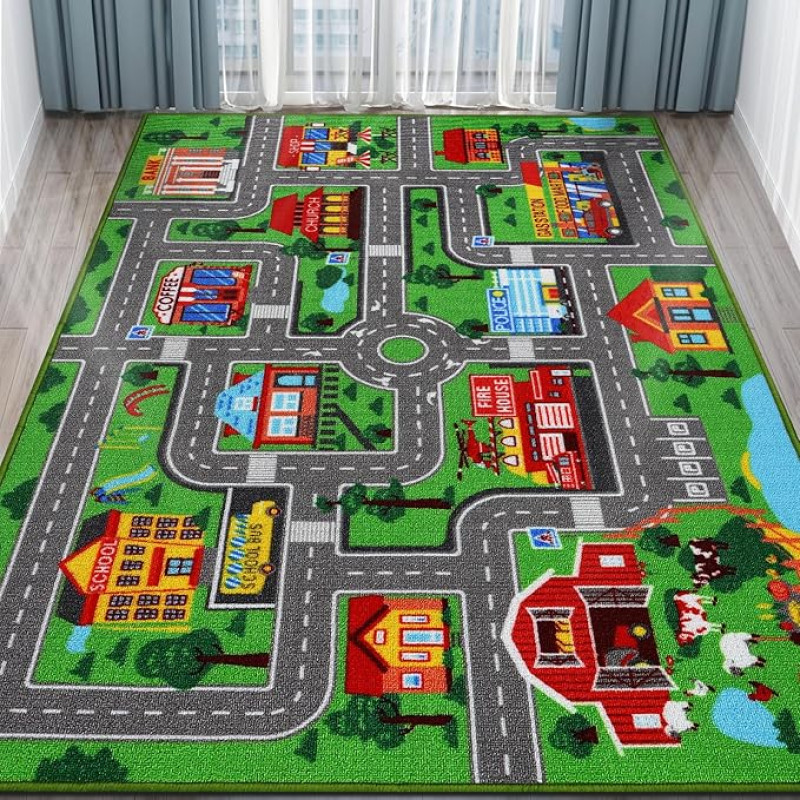 Vaikiškas žaidimų kilimėlis - itin didelis miesto gatvių žemėlapio kilimas žaidimų kambariui, miegamajam, svetainei (150 cm x 200 cm)
