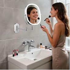 FUNTOUCH įkraunamas kosmetinis veidrodis su 1X/7X didinimo LED apšvietimu, 3 spalvų pritemdomas skutimosi veidrodis, jutiklinis makiažo veidrodis, pasukamas 360° kampu, sieninis veidrodis vonios kambariui ir viešbučiui