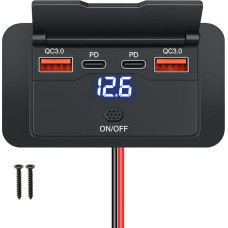 96W 12V USB sieninis kištukinis lizdas - dvigubas 36W USB-C PD ir dvigubas QC3.0 18W automobilinis įkrovimo lizdas su vandeniui atspariu jungikliu, paviršinis montavimas, skirtas nameliams ant ratų, automobilinis įkroviklis 1p