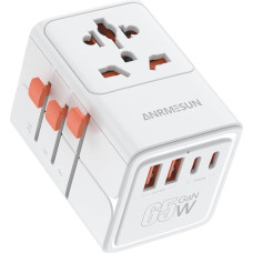 65 W GaN kelionių adapteris visame pasaulyje, universalus kelionių adapteris, kelionių kištukas su 2 USB C ir 2 USB A, greito įkrovimo tarptautinis kištukinis lizdas, skirtas ES, JK, JAV, Japonijai, Tailandui, Australijai, baltas