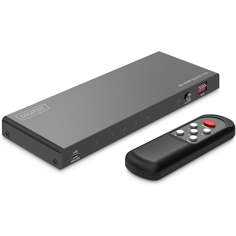 DIGITUS DS-55335 HDMI jungiklis 4x1 - 4 įėjimai ir 1 išėjimas - UHD 8K/60Hz HDTV: 7680 × 4320p - HDCP 2.3 ir HDMI 2.1 - HDR, CEC, Deep Color, DTS, Dolby Digital, LPCM - televizoriui, monitoriui, PS5, PS4, Xbox