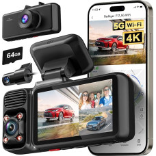 REDTIGER F17 4K 3 kanalų prietaisų kameros, 4K + 1080P + 1080P prietaisų kameros automobilio priekyje, gale ir viduje, 5G WiFi su GPS ir 64GB žemėlapiu, įrašymas kilpa, 3 colių ekranas, IR naktinis matymas, WDR, parkavimo režimas