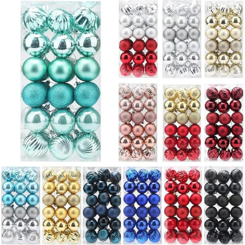 36 vienetų Teal Kalėdų Baubles ornamentai Kalėdų eglutei 6 cm plastikiniai nedūžtantys kalėdiniai ornamentai Rutulinės spalvos ir blizgučiai Kalėdų šventės dekoracijos su kabliukais (atsitiktinės spalvos)